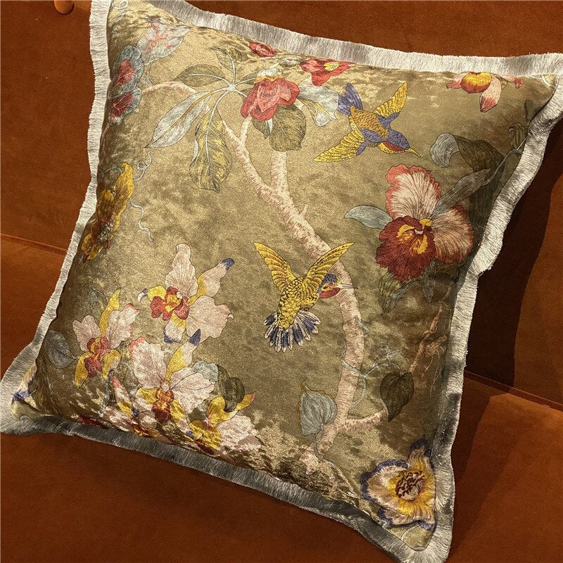 Italy Shiny Velvet Floral Hummingbird Pillow Case, 50X50cm