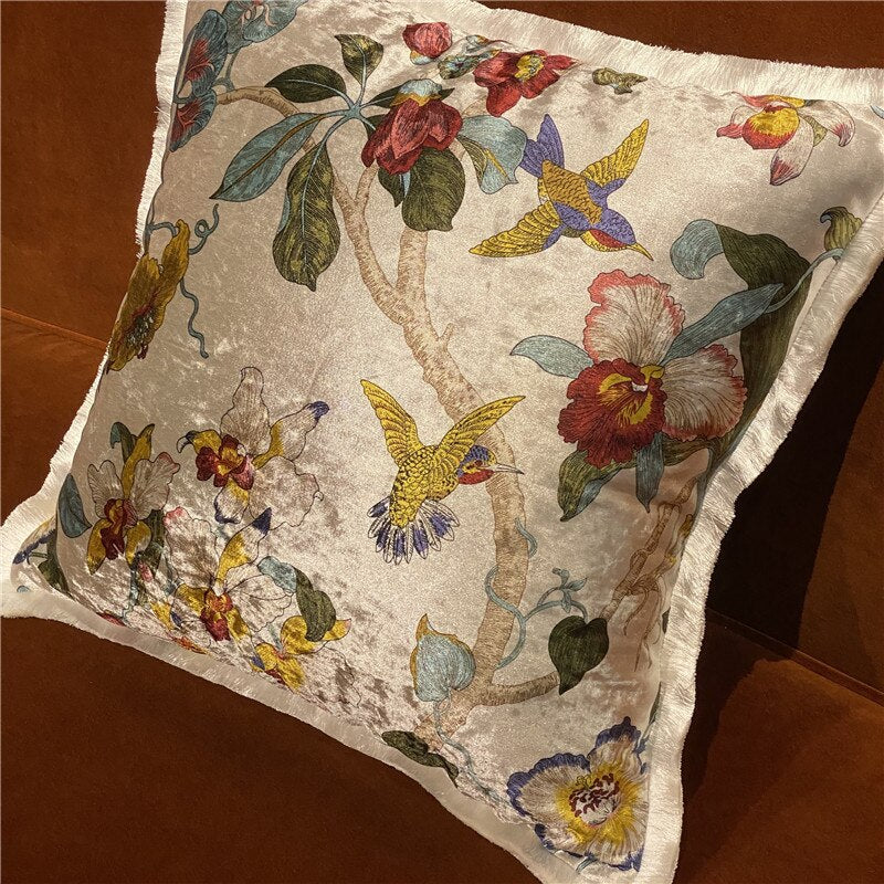 Italy Shiny Velvet Floral Hummingbird Pillow Case, 50X50cm