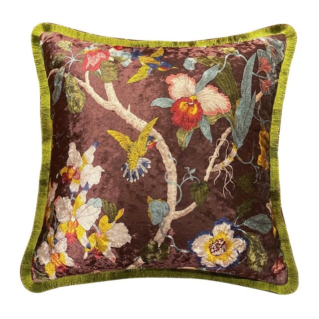 Italy Shiny Velvet Floral Hummingbird Pillow Case, 50X50cm