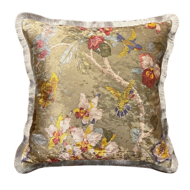 Italy Shiny Velvet Floral Hummingbird Pillow Case, 50X50cm