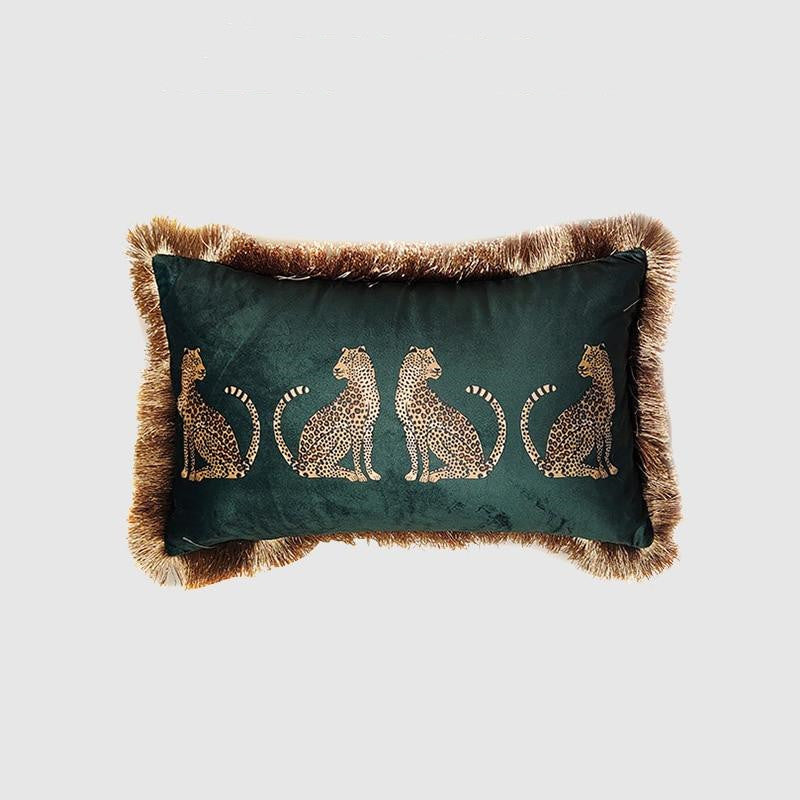 Fringed Leopard Pillow Case, Dark Green