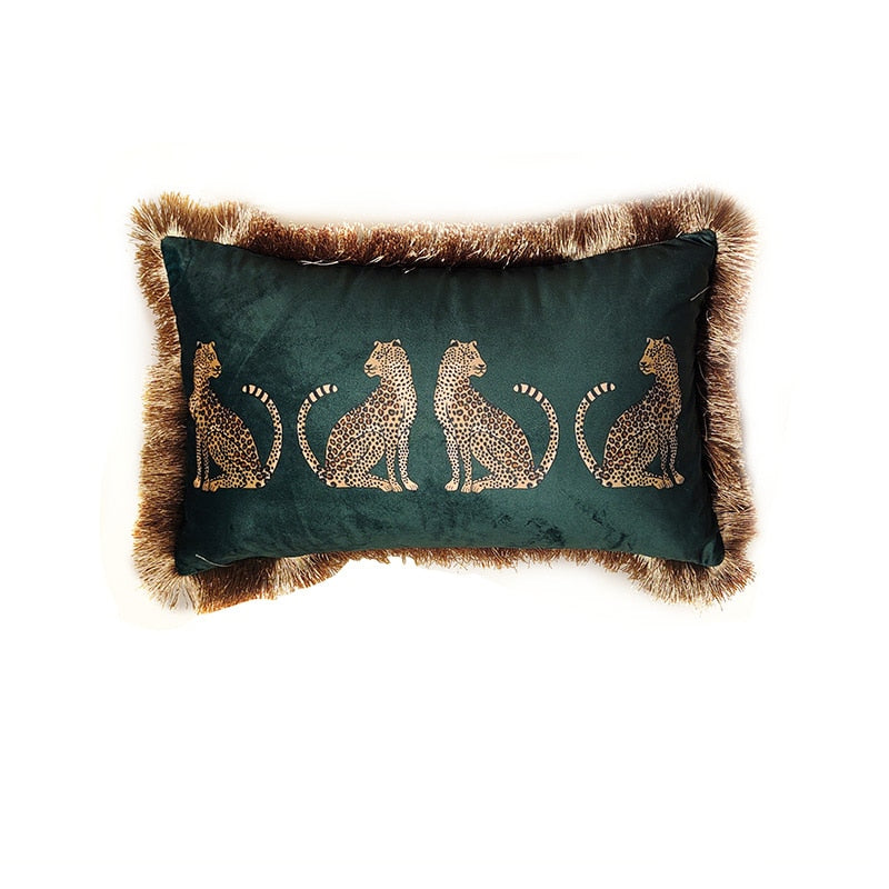 Fringed Leopard Pillow Case, Dark Green