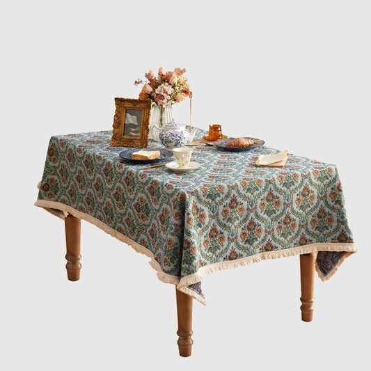 Jacquard-Tischdecke mit Retro-Blumenmuster und Fransen