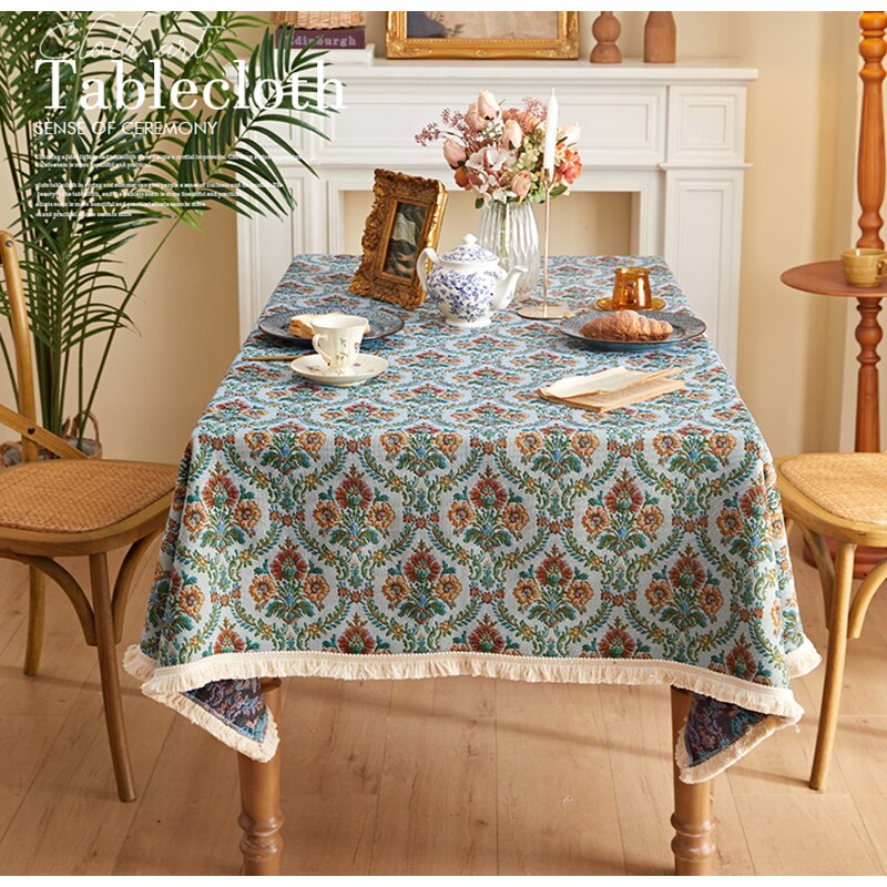 Retro Floral Jacquard Table Cloth, Fringed