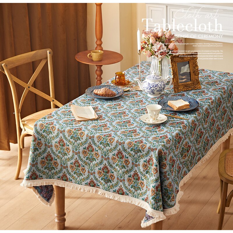 Retro Floral Jacquard Table Cloth, Fringed