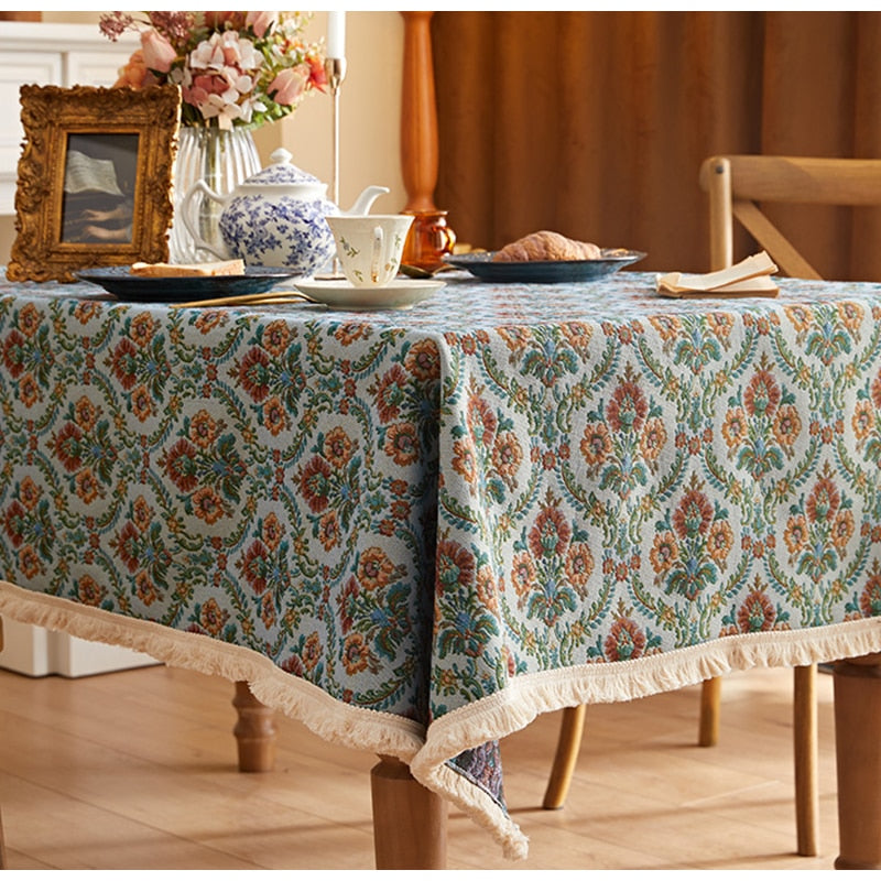 Retro Floral Jacquard Table Cloth, Fringed