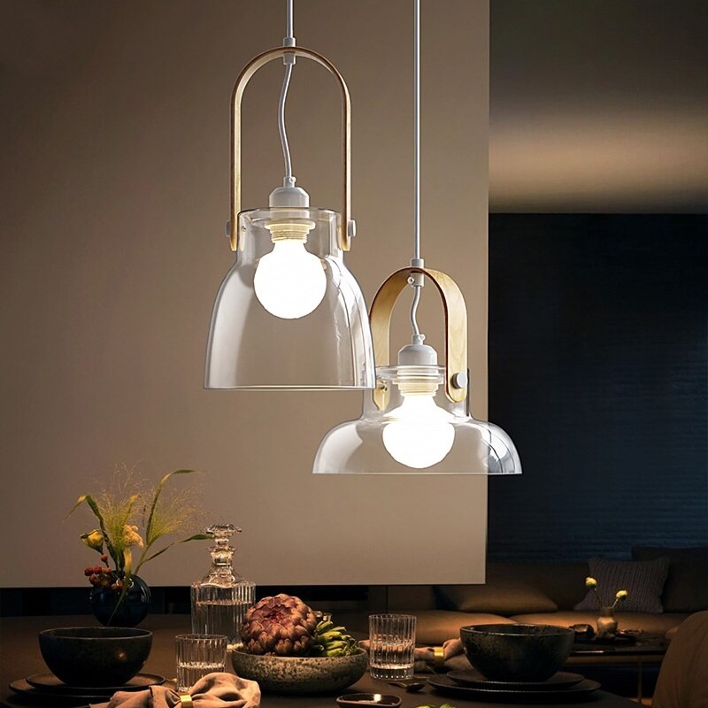 Nordic Wood Handle Glass Pendant Light