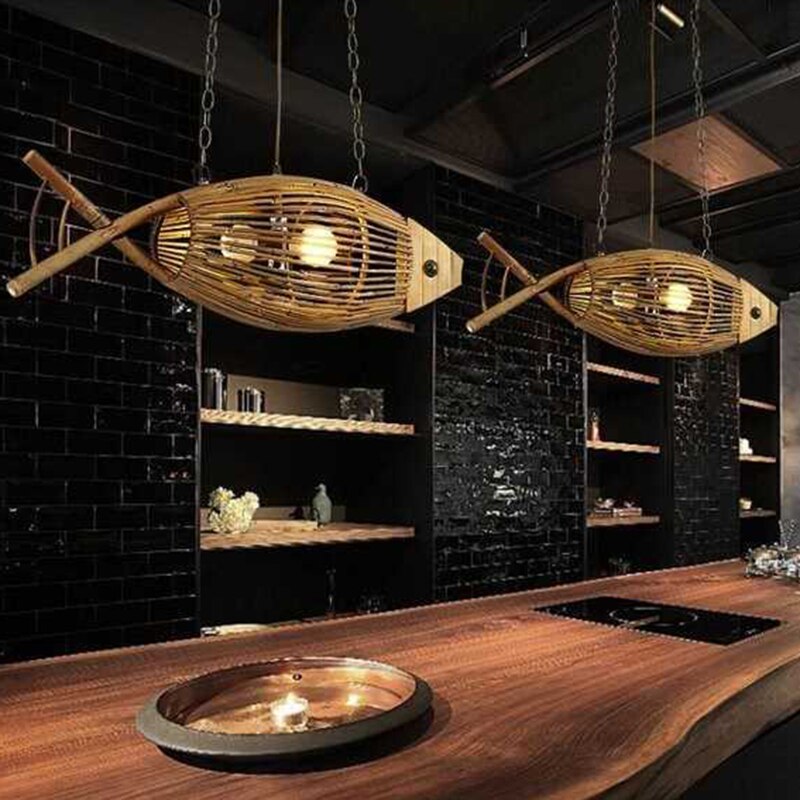 Kitchen Bamboo Fish Chandelier, Hand-Made