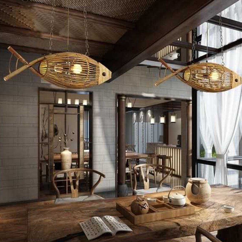 Kitchen Bamboo Fish Chandelier, Hand-Made