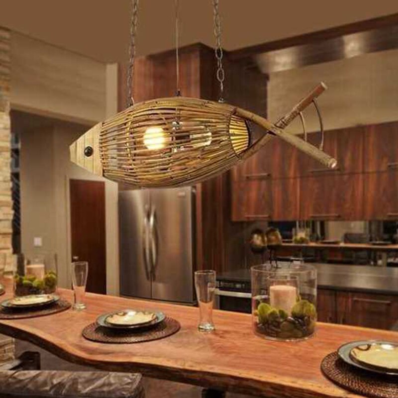 Kitchen Bamboo Fish Chandelier, Hand-Made